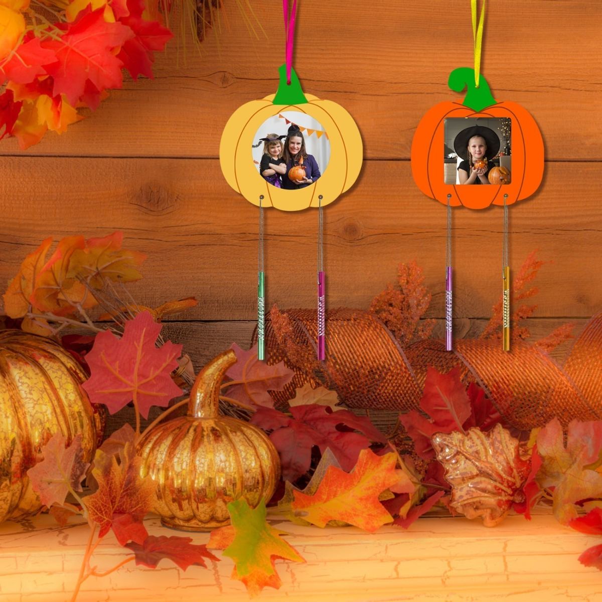Pack Of 12 DIY Pumpkin Picture Frame Wind Chime Craft Sets; Maple Leaf Painting Crafts; Wooden Fall Crafts For Painting; Fall Leaf Creative Sets For Fall Season, Harvest Festival, And Birthdays