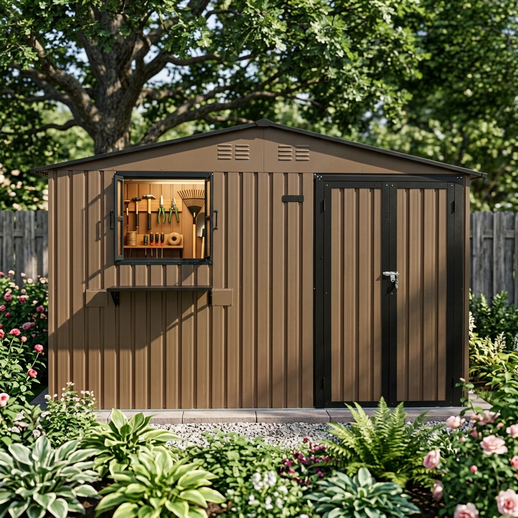 10x8 FT Outdoor Metal Storage Shed With Window & Flower Rack, Lockable Double Doors Tool Shed, Waterproof Weatherproof Garden Shed For  Patio,  Brown Black