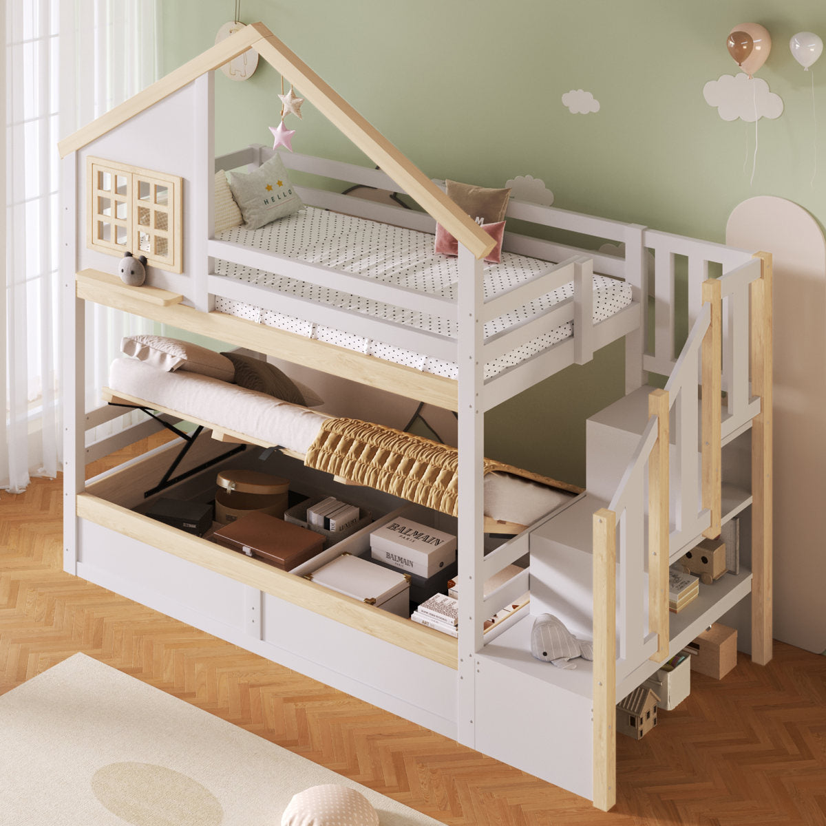 Bunk Bed, 90x200cm, Hydraulic, With Bed Rail, Storage Space Under The Bed, Window And House Decoration, White Natural
