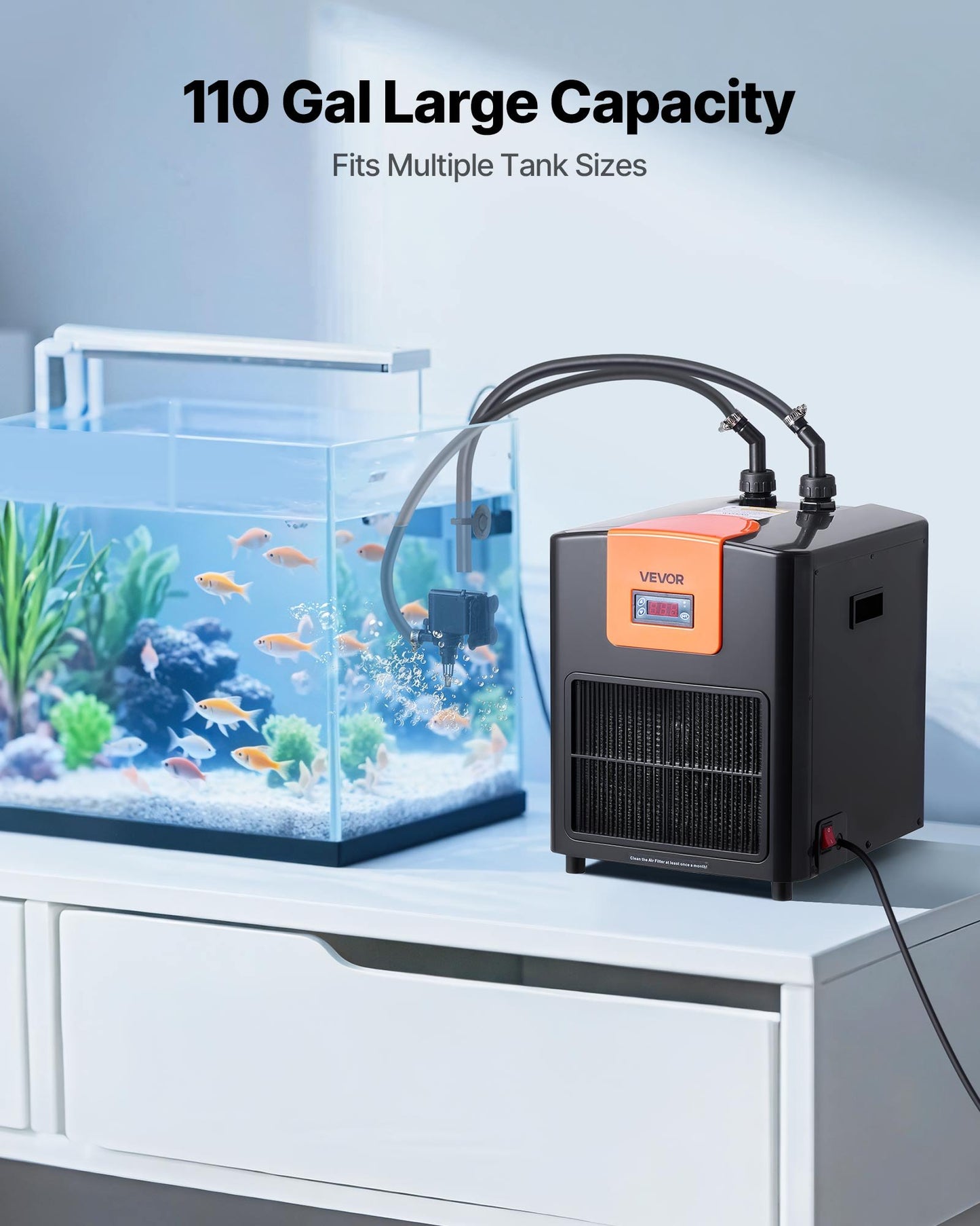 Aquarium Chiller 110 Gallon, 1/3 HP Water Chiller For Hydroponics, Fast Cooling For Fish Tank,Axolotl,Coral Reef,Quiet Refrigeration Compressor, Titanium Evaporator,Complete Fittings