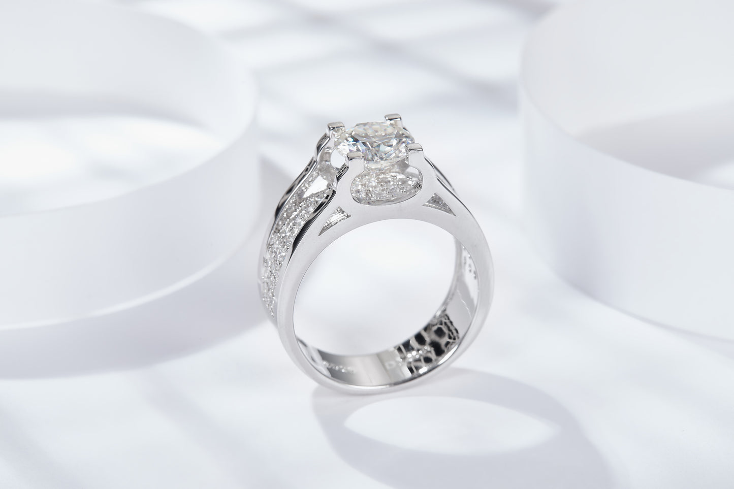S925 Sterling Silver Wide Band Moissanite Ring, 1&2ct D-VVS1 Split Shank Pave Design, Platinum Plated US Sizes 5-9, GRA Certified Gift Box