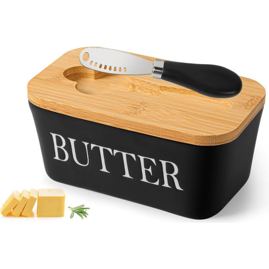 Butter Dish With Wooden Lid, Ceramic Butter Dish With Butter Knife, Multifunctional Porcelain Butter Dish, 250 G Butter Dish, Butter Bell, Butter Box For Home And Kitchen (black), Butter Mold