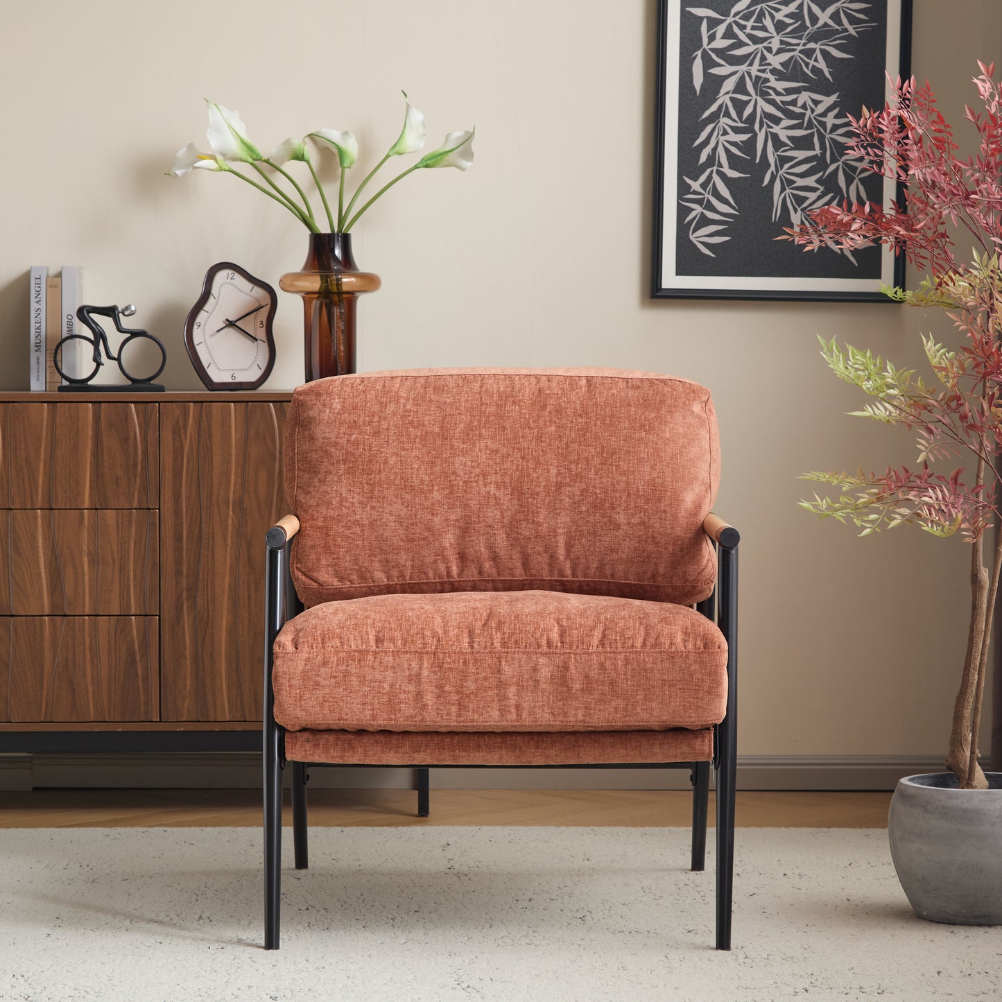 27.56  Modern Accent Chair With Plush Cushions, Minimalist Metal Frame, And Wooden Armrest Design -Perfect For Cozy Living Room, Bedroom, Or Office Seating
