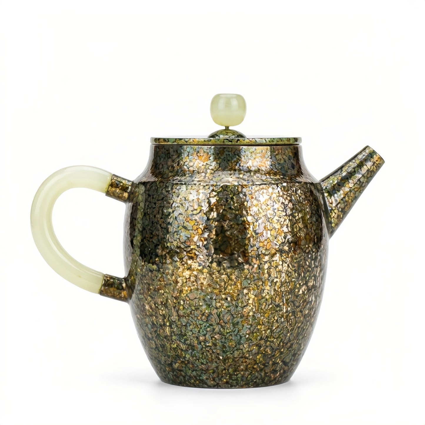 925 Sterling Silver Luxurious Mosaic Teapot with Jade-Inspired Handle and Shimmering Textured Body - Handicraft