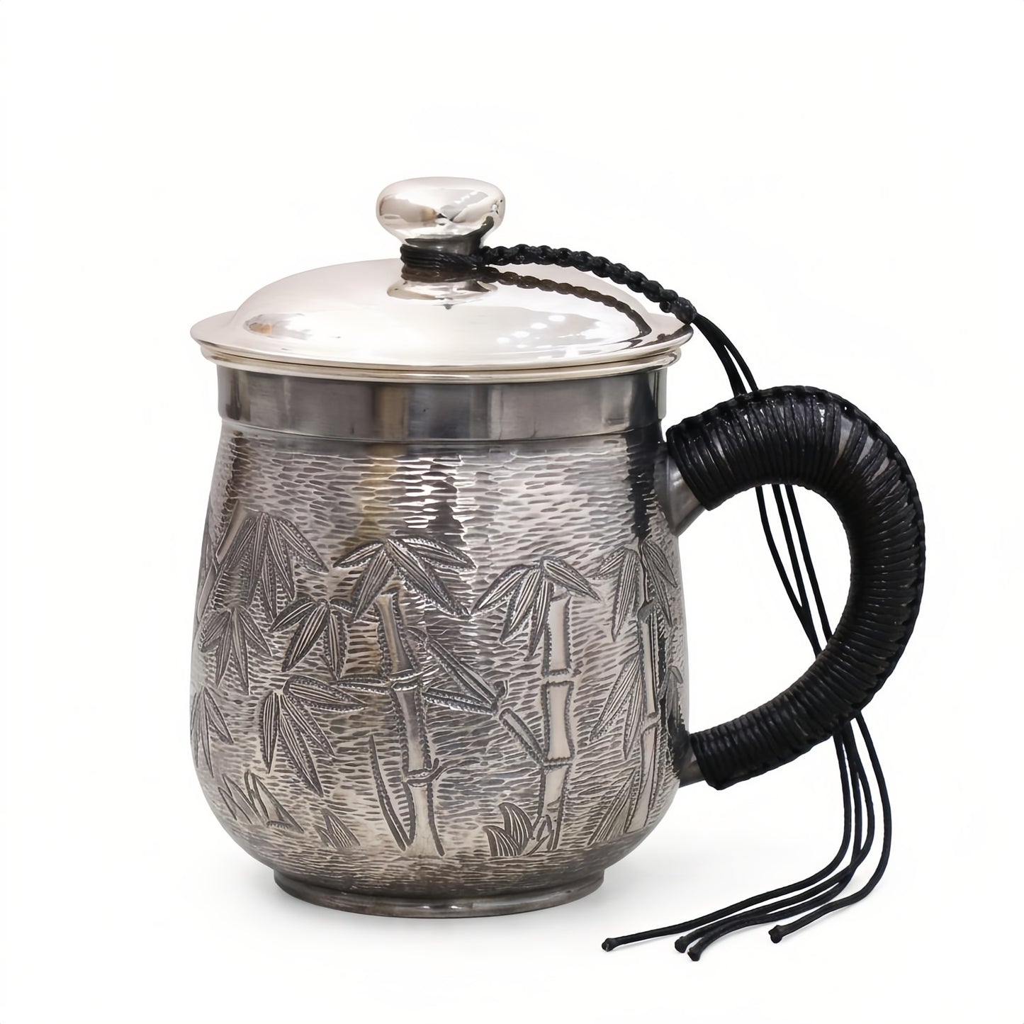 925 Sterling Silver Artisanal Silver Hammered Tea Infuser Mug with Embossed Bamboo and Leather Wrapped Handle - Handicraft