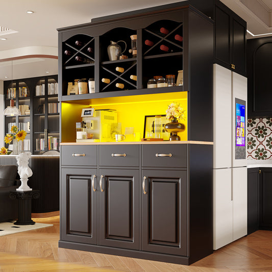 Kitchen Cabinet  120 X40 X 180 Cm Tall Kitchen Buffet, Multi Purpose Buffet, Snack Cabinet, Storage Furniture With Three Doors, Three Drawers And LED Lighting, Black