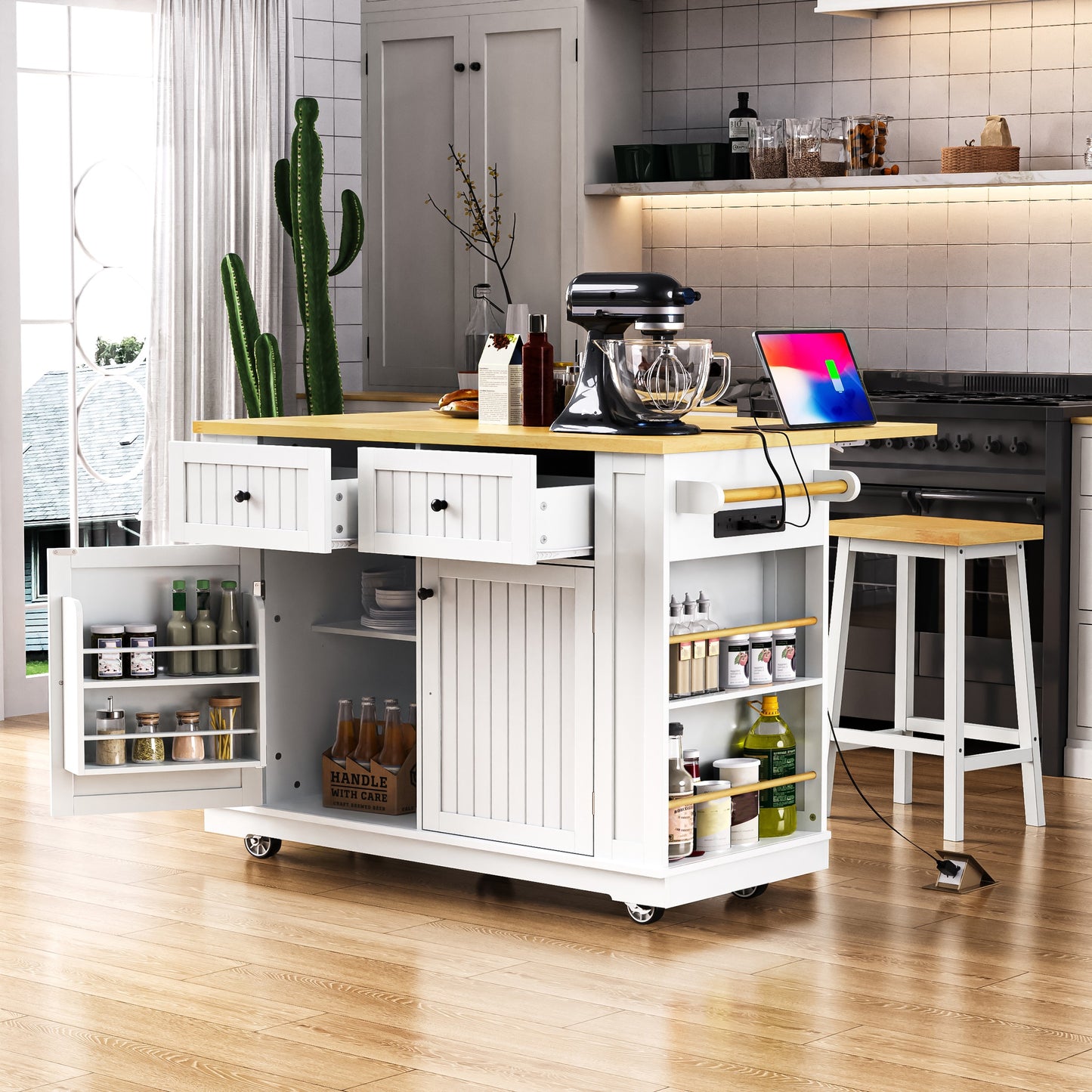 48inch Kitchen Island With 2 Bar Stools, Power Outlet, Door Internal Storage Rack, Kitchen Storage Cart On 5 Wheels With Drop Leaf, 5 Side Racks, 2 Drawers,White  Old SKU N707S000015W  Three Packages