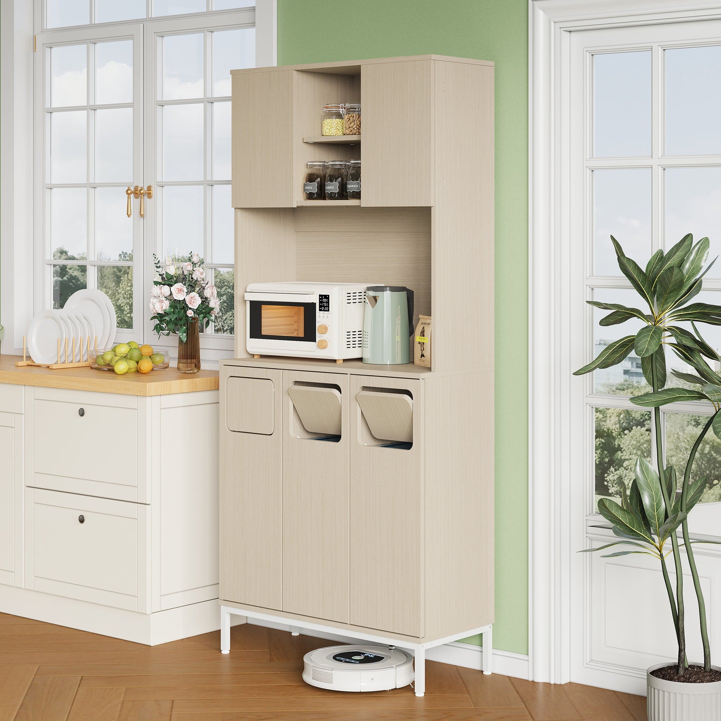 Trash Cabinet, Three-door Kitchen Cabinet In Lightwood-white, 181cm Tall Cabinet With Garbage Area, Microwave Compartment & Storage Space For Vacuum Cleaner, 80x35x181cm
