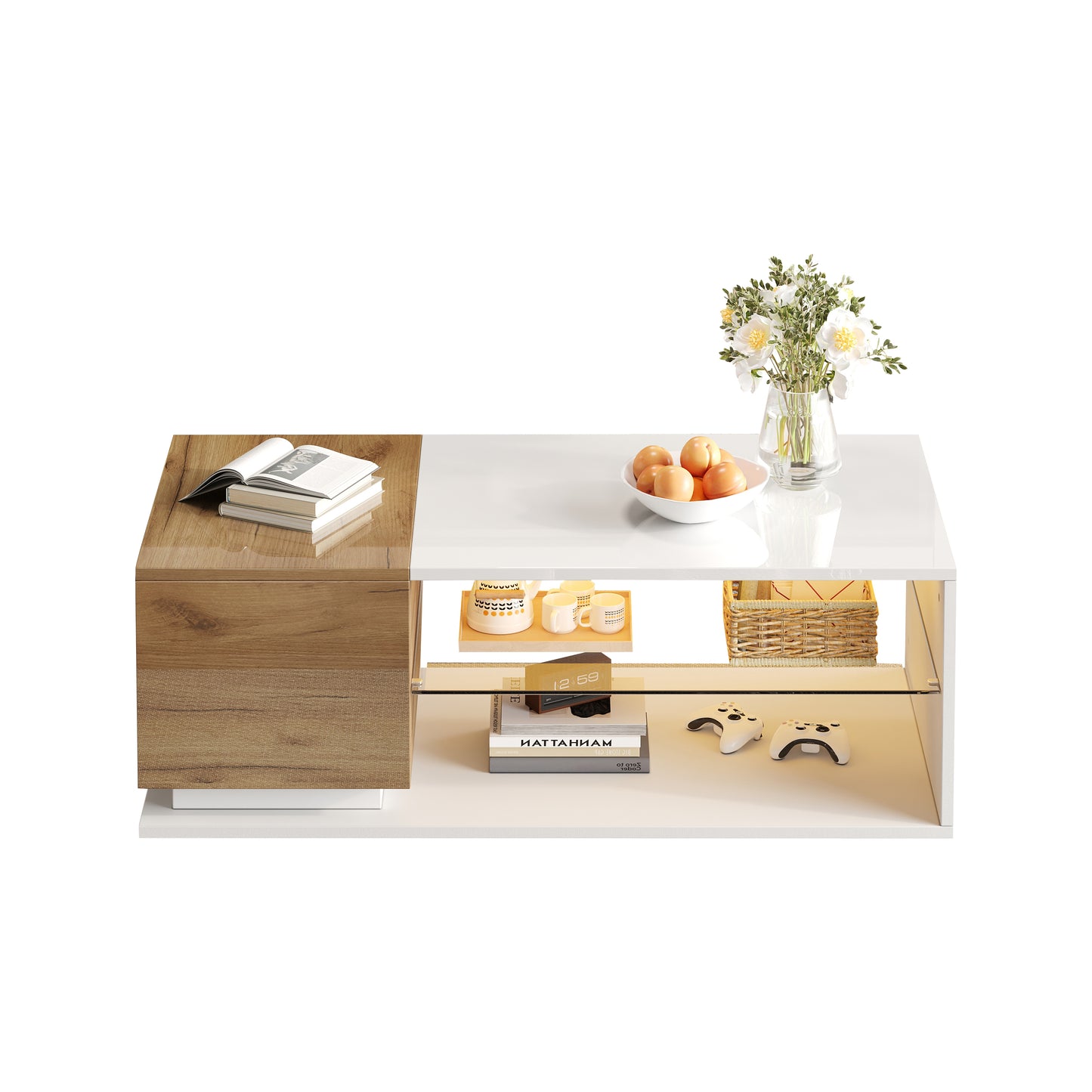 LED Coffee Table, High Gloss Coffee Table, Living Room Table With Lighting And LED Light Strip, Coffee Table With Storage, 105x50x36cm