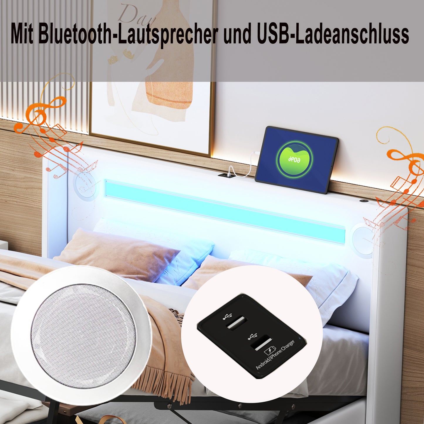 Upholstered Bed 160x200 Bed With LED Light Strip, Bluetooth Player And USB Charging, Storage Bed Made Of PU Leather, Loft Bed Box, Double Bed With Slatted Base White
