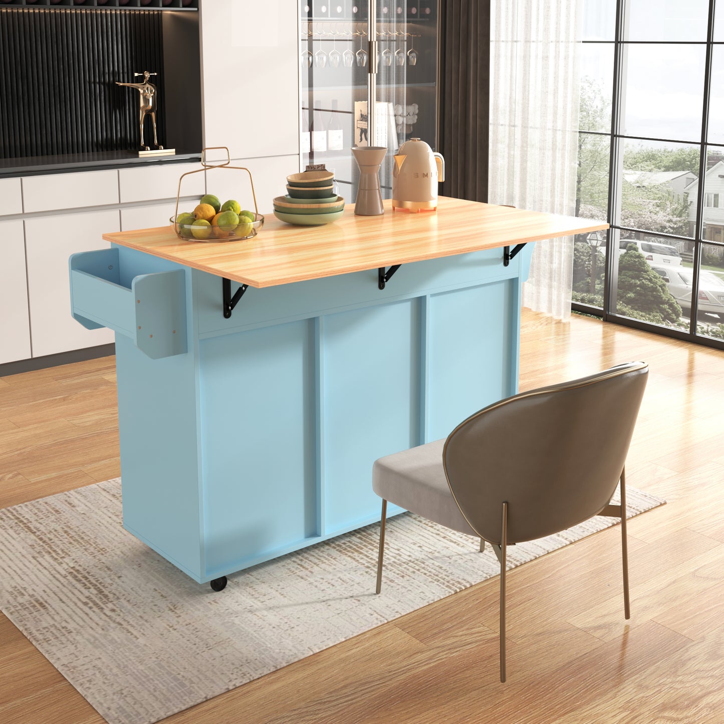 139x46 X91.5 Cm Large Dining Trolley Sideboard, Blue Body   Solid Wood Grain Worktop, Foldable Worktop, Storage Door, Castors, Interchangeable Solid Wood Feet, Suitable For Dining Room, Kitchen