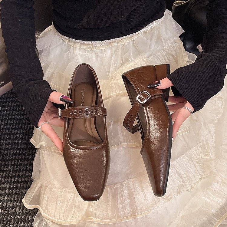 Women Square Toe Block Heel Shallow Mouth Mary Janes, New Premium Elegant Beige Leather Shoes