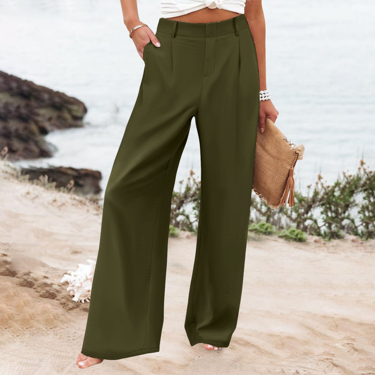 Womens Summer Fashion Loose Solid-color High-waisted Casual Pants Straight-leg Trousers
