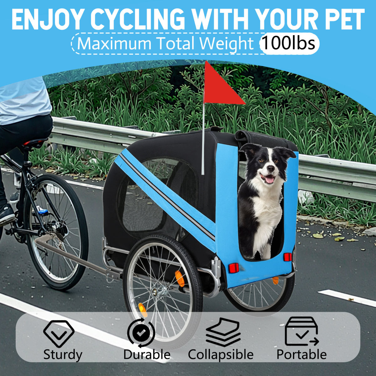 Large Folding Bike Trailer For Dogs - 100LB Capacity All-Terrain Pet Carrier, Durable Steel Frame For Cycling, Jogging, Camping & Outdoor Adventures, Black- Blue