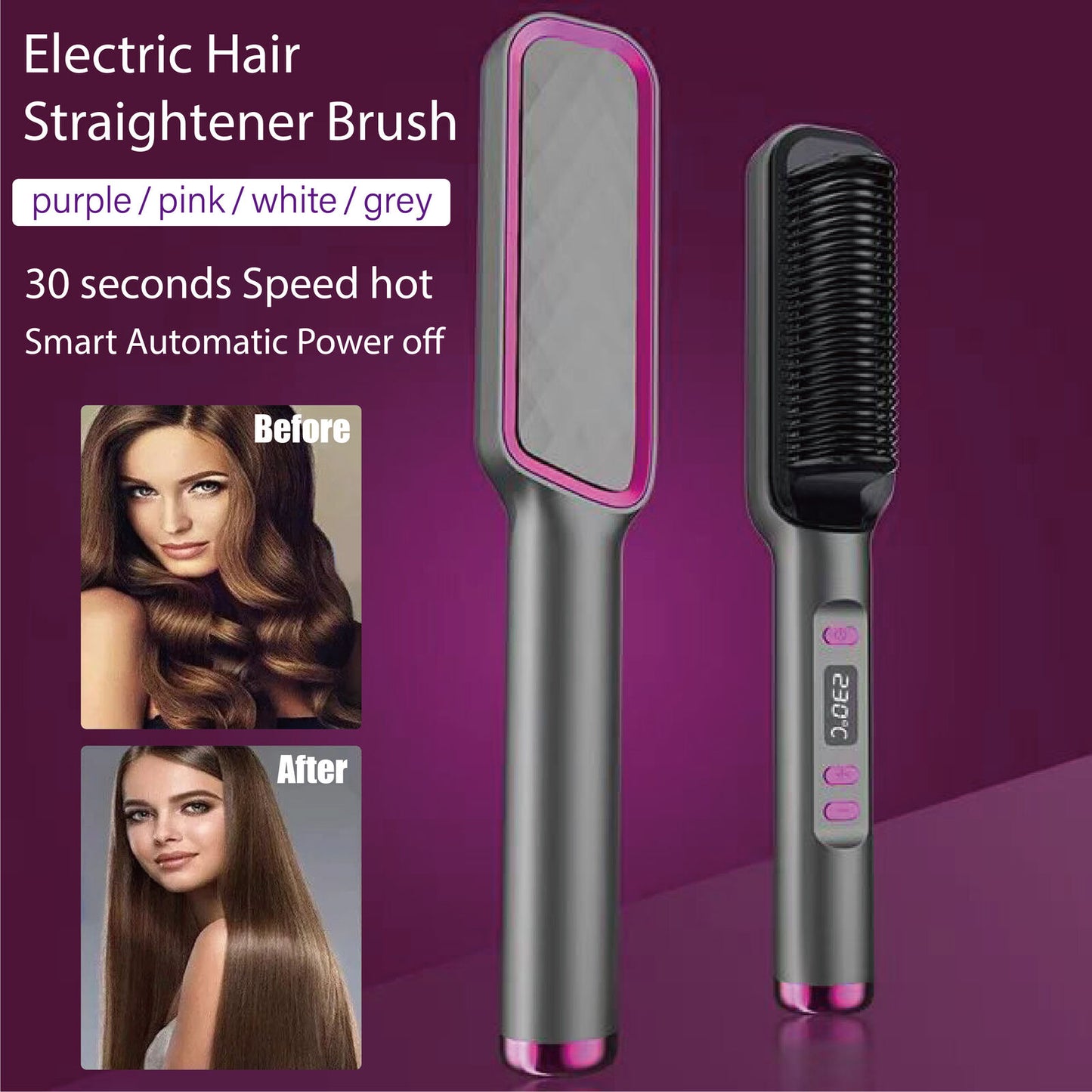 2in1 Negative-ion Hair Straightener Brush Curling Salon Styling Comb Ceramic New--Grey