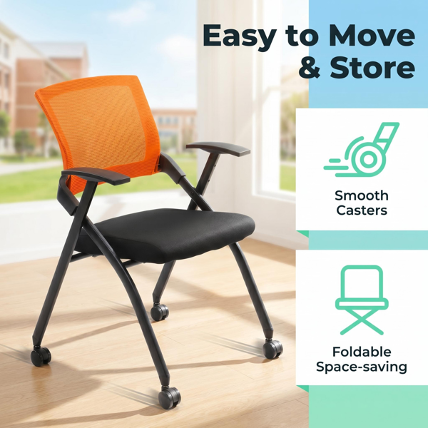 1 Pack Stackable Conference Room Chairs With Wheels,Folding Office Chair With Rebound Back,Padded Seat For Training Room,Guest,Reception,Event,Capacity 350lbs,Orange