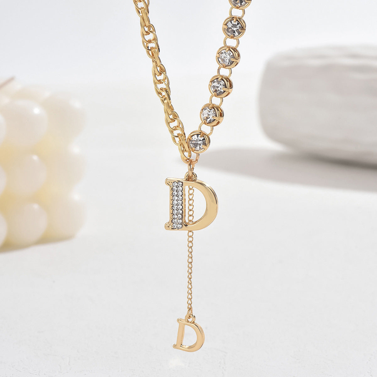 Sweet Korean Style Women Necklace, Unique Alphabet Niche Design Clavicle Necklace Inlaid Cubic Zirconia, Versatile Daily Neck Jewelry