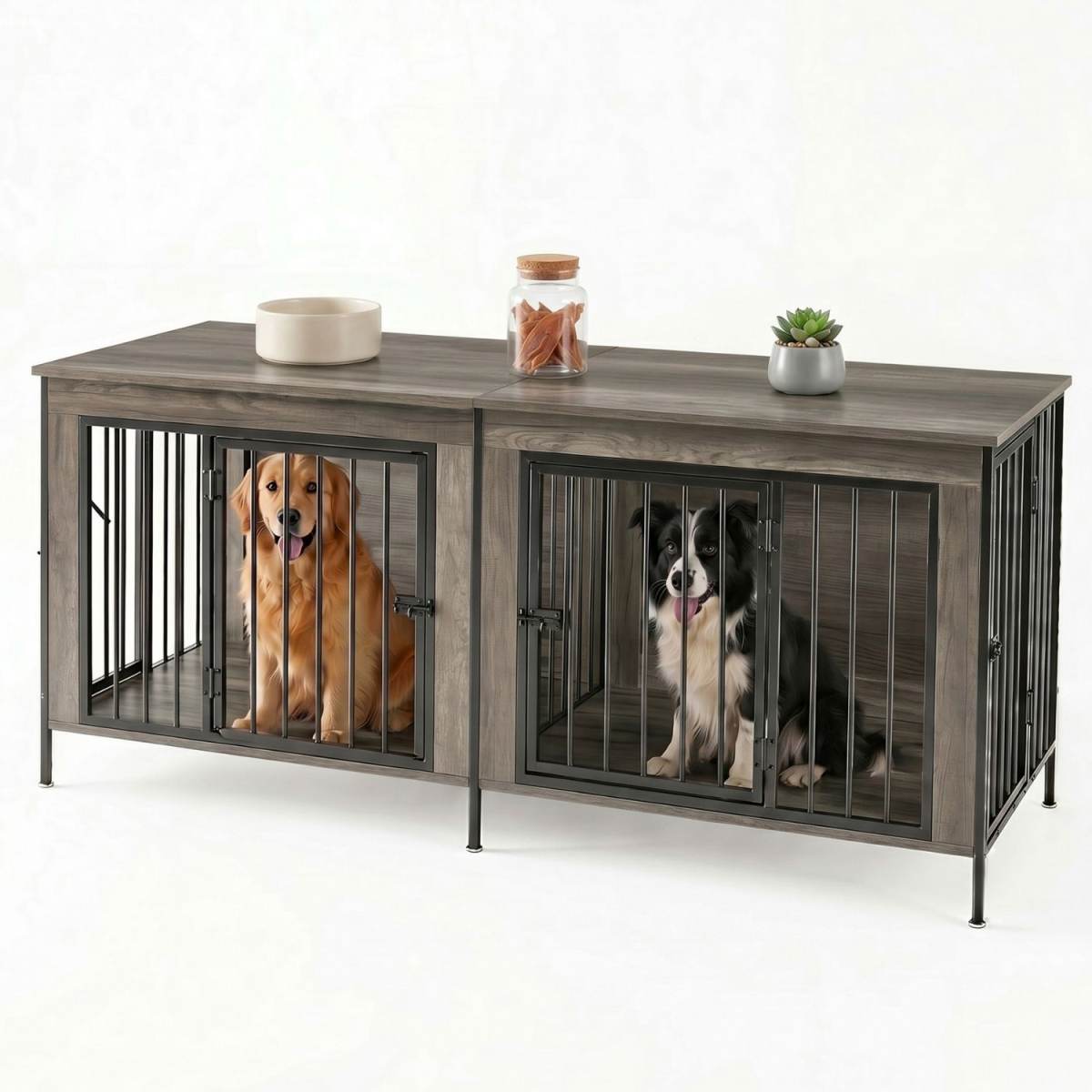 Double Dog Crate Furniture With Divider, Heavy Duty Pet Kennel End Table TV Stand, Extra Large Double Door