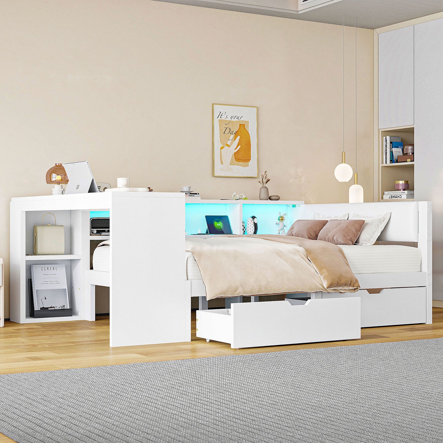 140x200 Wooden Platform Bed With Shelves, Drawers, Charging Station And Upholstered Headboard, With Colorful LED Lights, White