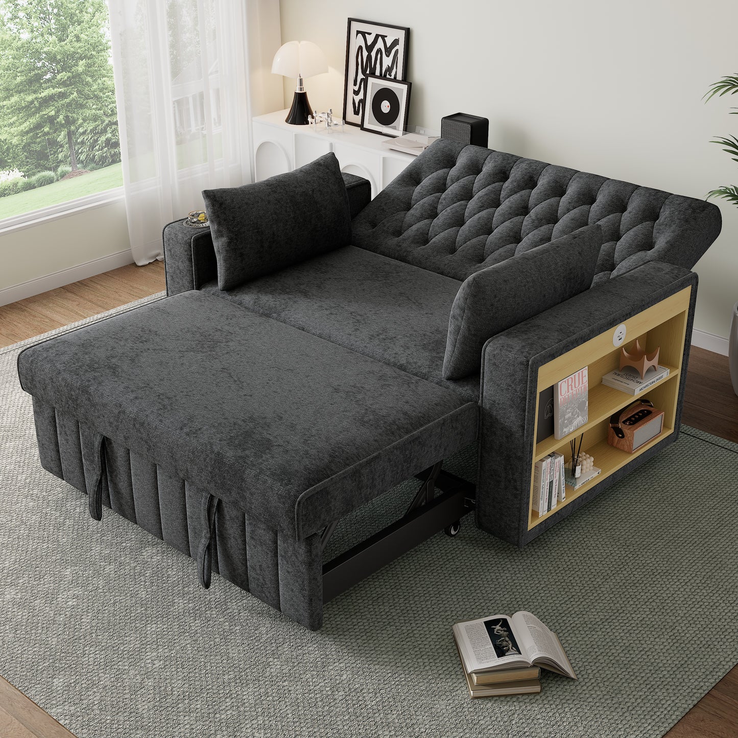 Modern 3 In 1 Folding Sofa Bed With Storage, Pull Out Chenille Sleeper, Cup Holders, USB Charging Port & Cushions, Convertible Double Sofa For Living Room, Bedroom, Guest Room, Grey