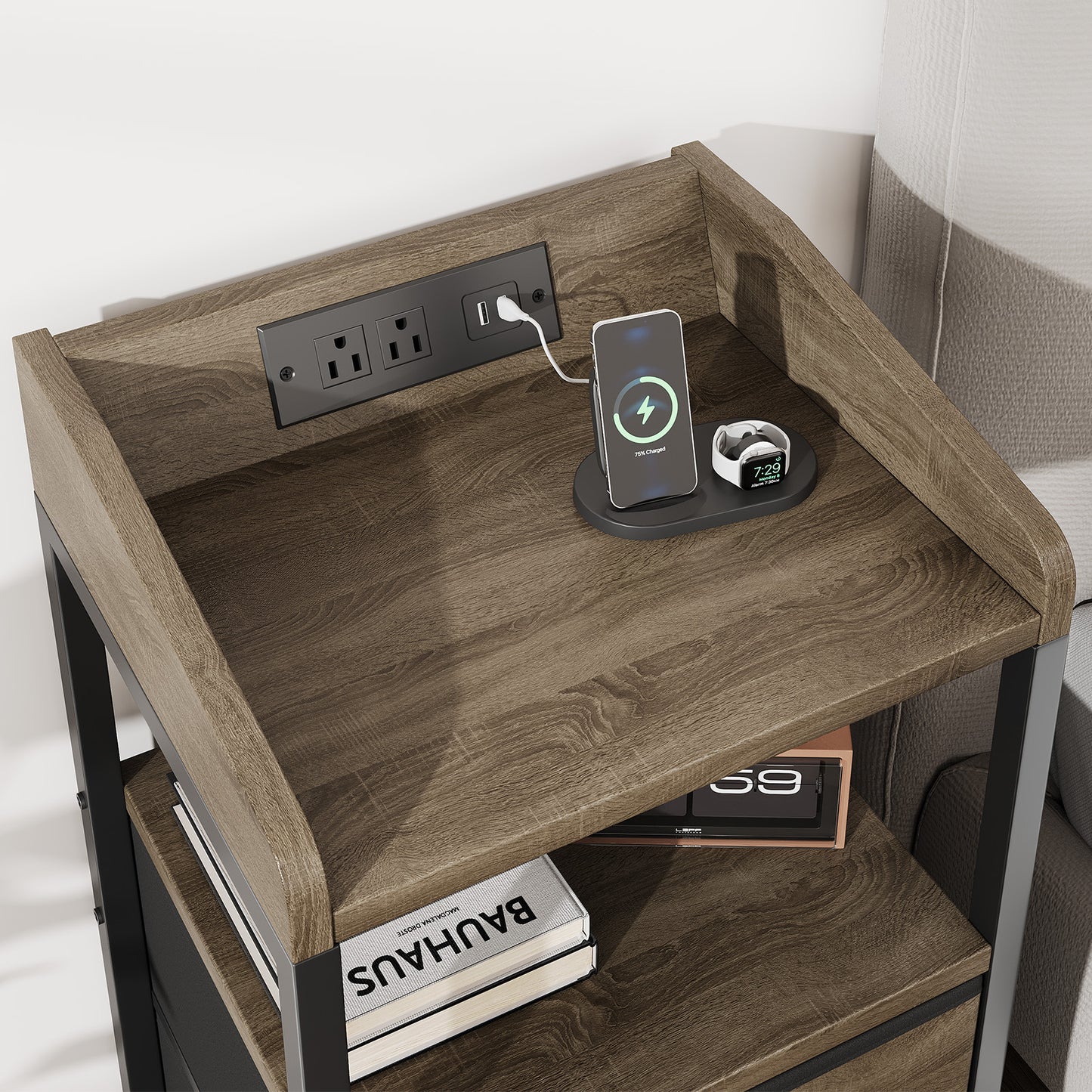 Nightstand With Charging Station Modern Bedside End Side Table With Guardrail Storage Shelf 2 Fabric Drawers USB Ports AC Outlets