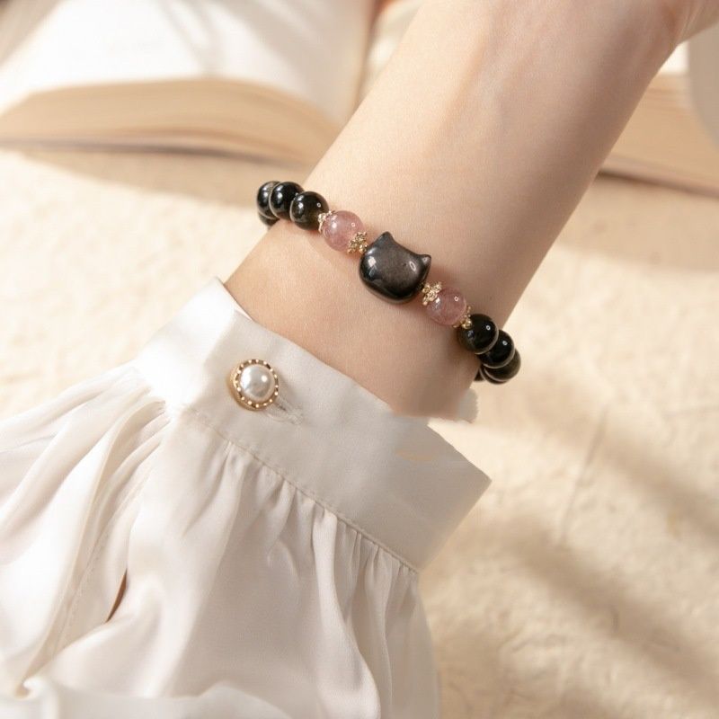 Single Circle Natural Obsidian 8mm With Kitty Accessories Bracelet