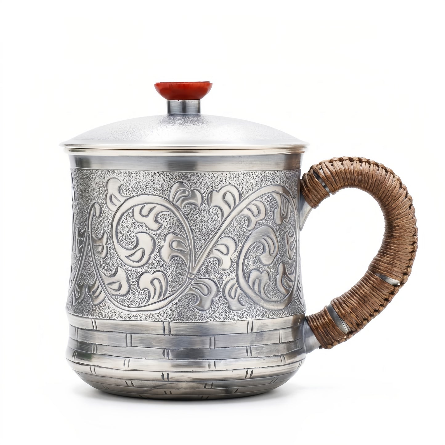 Pure 999 Fine Silver Elegant  Mug with Intricate Floral Engraving and Woven Bamboo Handle-Premium Tea Mug - Handicraft