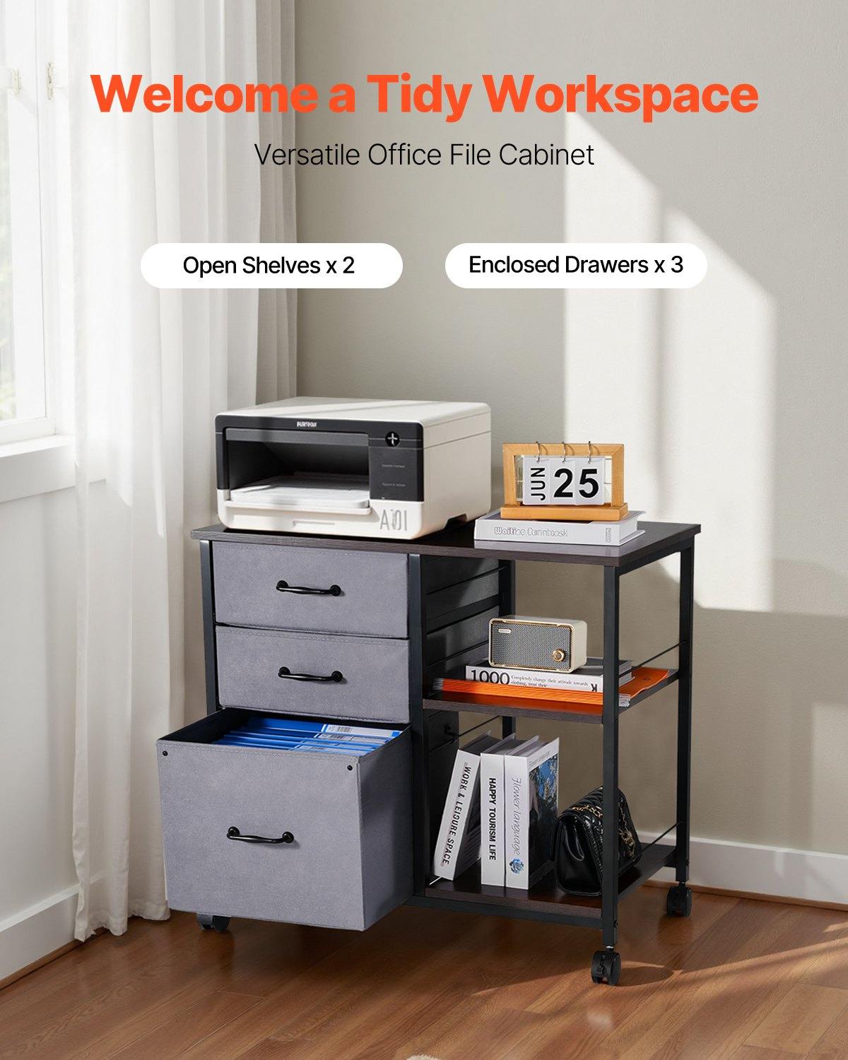 Mobile Metal File Cabinet With 3 Fabric Drawers And 2 Open Shelves Brown