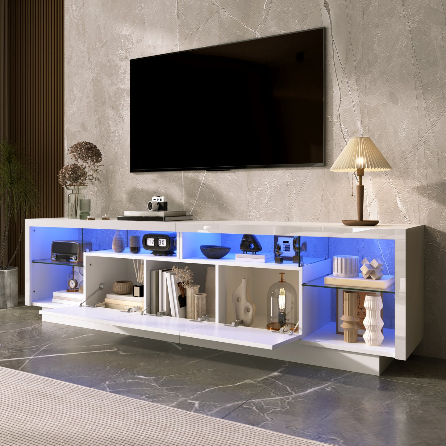 Modern TV Cabinet With Three High-gloss Doors, Transparent Glass Compartments Made Of PB, Multi-coloured LED Ambient Lighting That Can Be Controlled Via App