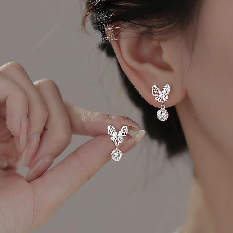 1 Pair 999 Sterling Silver Filigree Hollow Butterfly Palace Bell Stud Earrings, Retro & Elegant, Perfect For Daily, Dating & Gifting, Ideal Valentine's Gift