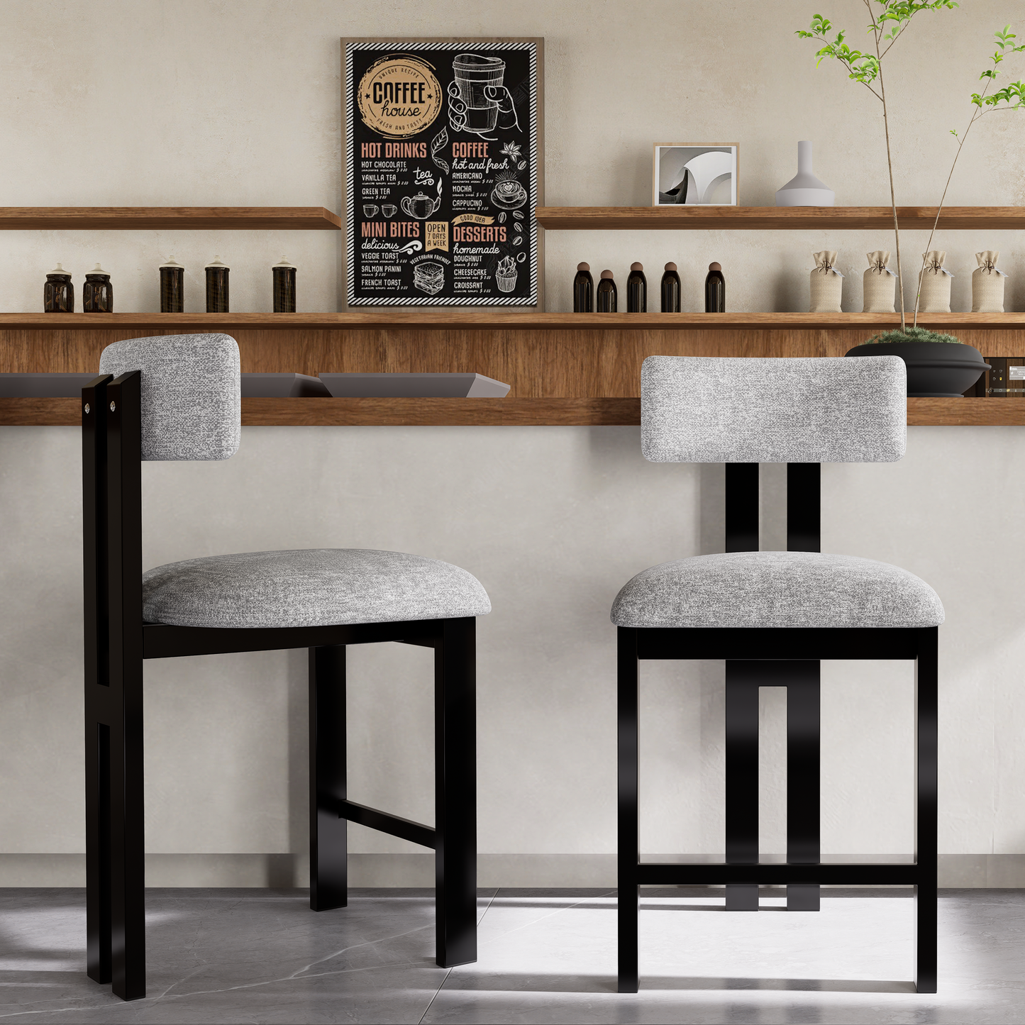 26.5 Stylish Round Stools With Low Back - Comfortable Upholstered Seat & Black Metal Frame For Kitchen & Dining