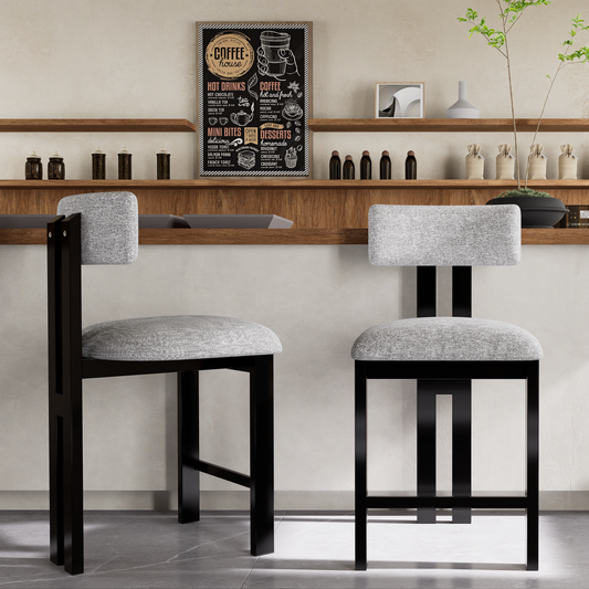 26.5 Stylish Round Stools With Low Back - Comfortable Upholstered Seat & Black Metal Frame For Kitchen & Dining