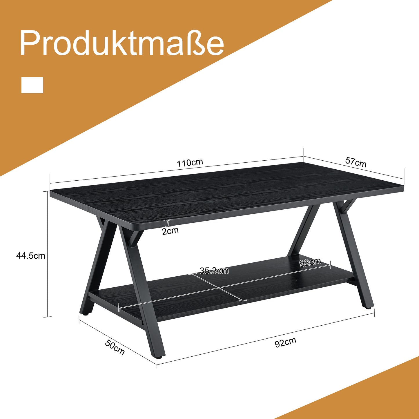 Modern Industrial Coffee Table With Storage Shelf, Black Wood Grain And Metal Frame, 110x57x44.5cm, Contemporary Living Room Table For Home Office, Apartment And Small Spaces