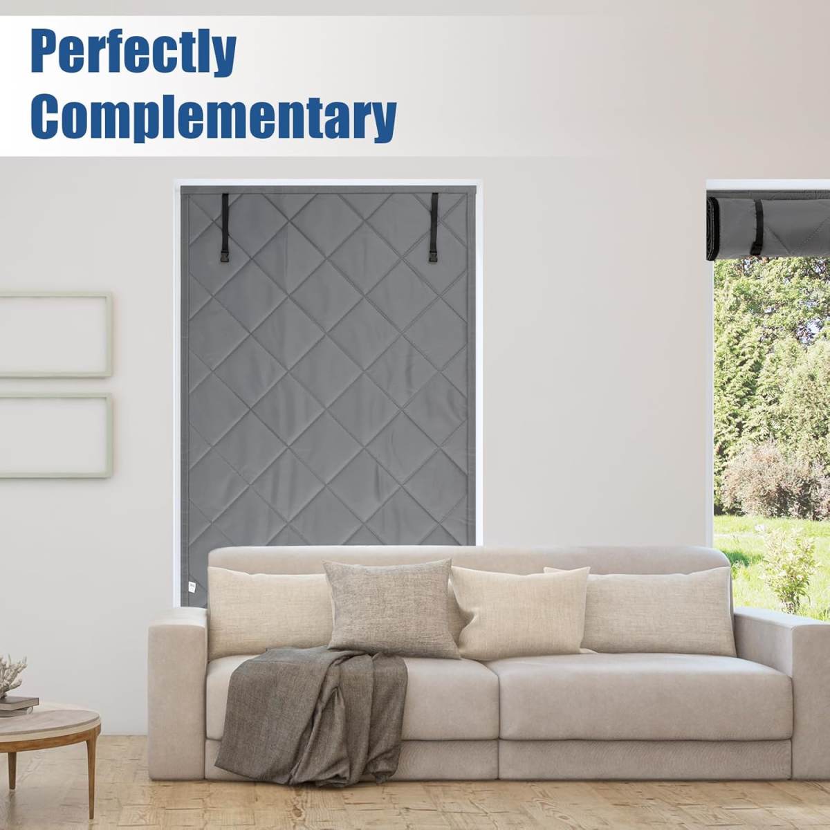 Grey Diamond Grid Quilted Thick Cotton Thermal Insulated Door Curtain, Wind Sound Dust Barrier Foldable Roll Up Door Drape With Storage Buckle, Double Installation Hardware