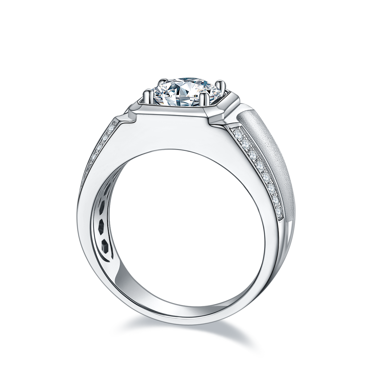 S925 Sterling Silver 2ct Moissanite Men's Ring, D-VVS1 Octagon Bezel, Matte Pave Band, US Sizes 5-9, GRA Certificate Gift Box