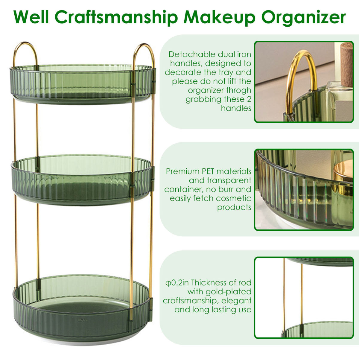 1 Set  3 Tier Rotating Makeup Organizer 360 Degree Spinning Perfume Cosmetic Storage Tray 55LBS Load Countertop Shelves For Lotion Lipstick