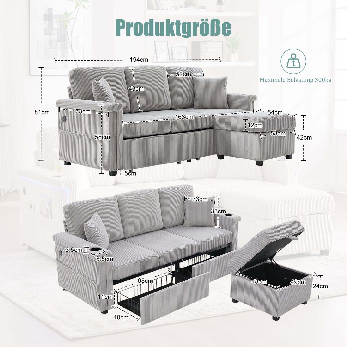 High-quality Velvet Sofa With LED Lighting & USB-C Port, Including Storage Footboard, Practical Cup Holders And Side Pockets  Premium Quality For The Living Room, Bedroom Or Office. Light Grey