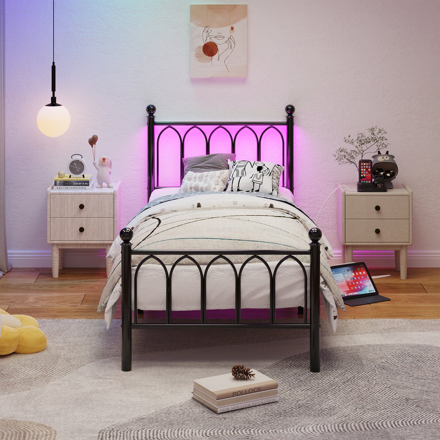90x200cm Metal Bed Frame With Vintage Head And Footplate, USB Charging Station, LED Bed Frame, Heavy Duty Steel Slat Support, Range Underbed Storage, No Box Spring Required, Black