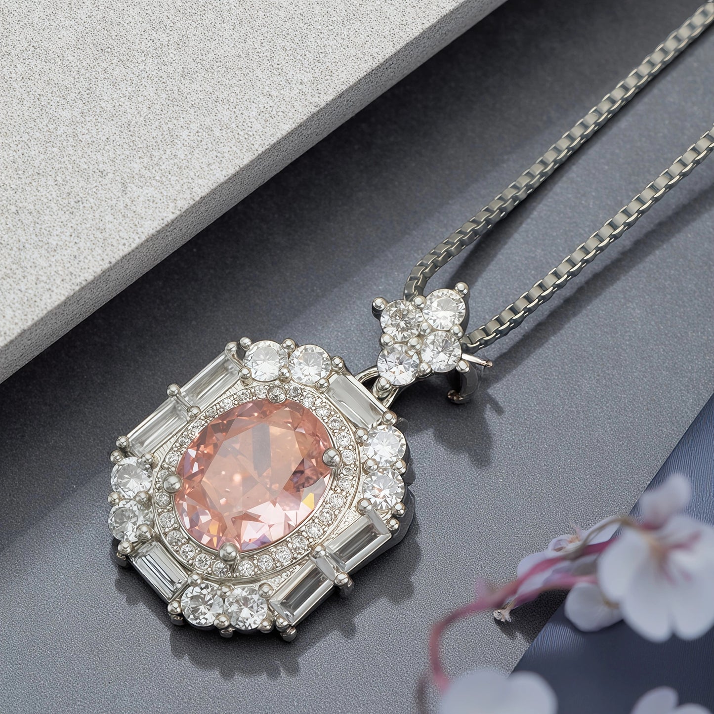 Oval Cut  CZ Multi-Shape Halo Pendant Necklace For Women, Copper Plated Silver Round & Baguette White Cubic Zirconia Vintage Royal Wedding Bridal Statement Jewelry Gift