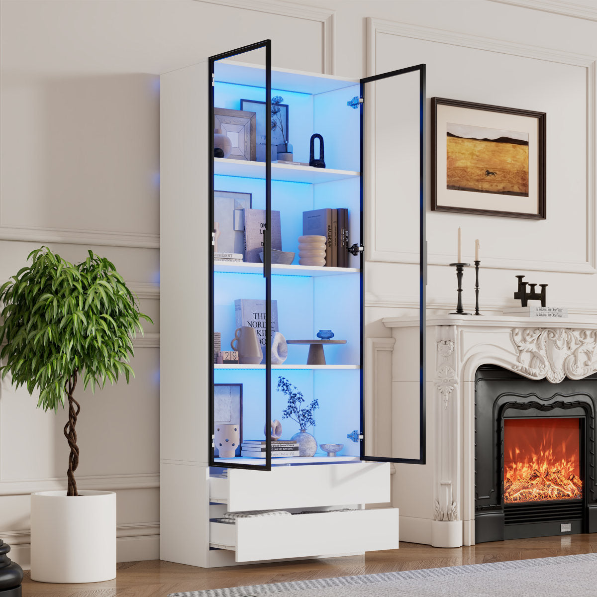 80 X 34 X 200 Cm Display Cabinet, Tall Cabinet With LED Lights, Living Room Side Cabinet With 2 Doors, Display Cabinet With 2 Drawers, Storage Shelves, Bookcase, Display Shelf, Aluminum Frame, White