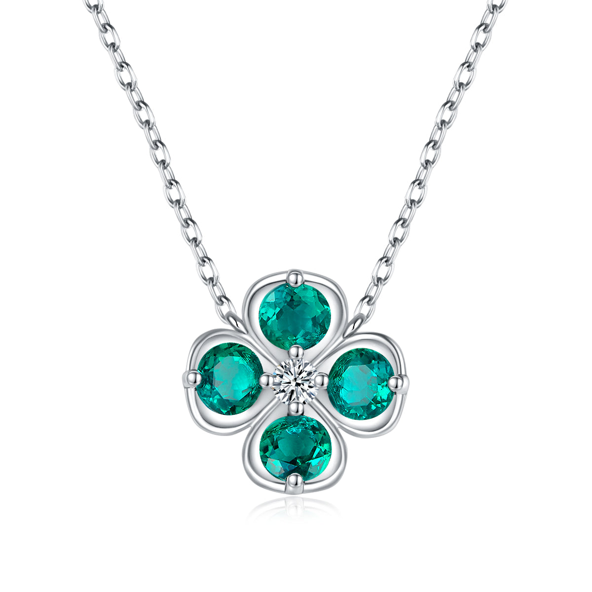 S925 Sterling Silver Clover Necklace, 2.6ct Lab-Grown Ruby Sapphire Emerald Padparadscha, Platinum Plated 45cm, 4.3g Gift Box