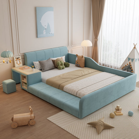Upholstered Bed, Single Bed With Children's Desk And Stool, With Shelf, Soft Headboard, Children's Bed With Wooden Slats, Velvet, Blue, 140x200cm