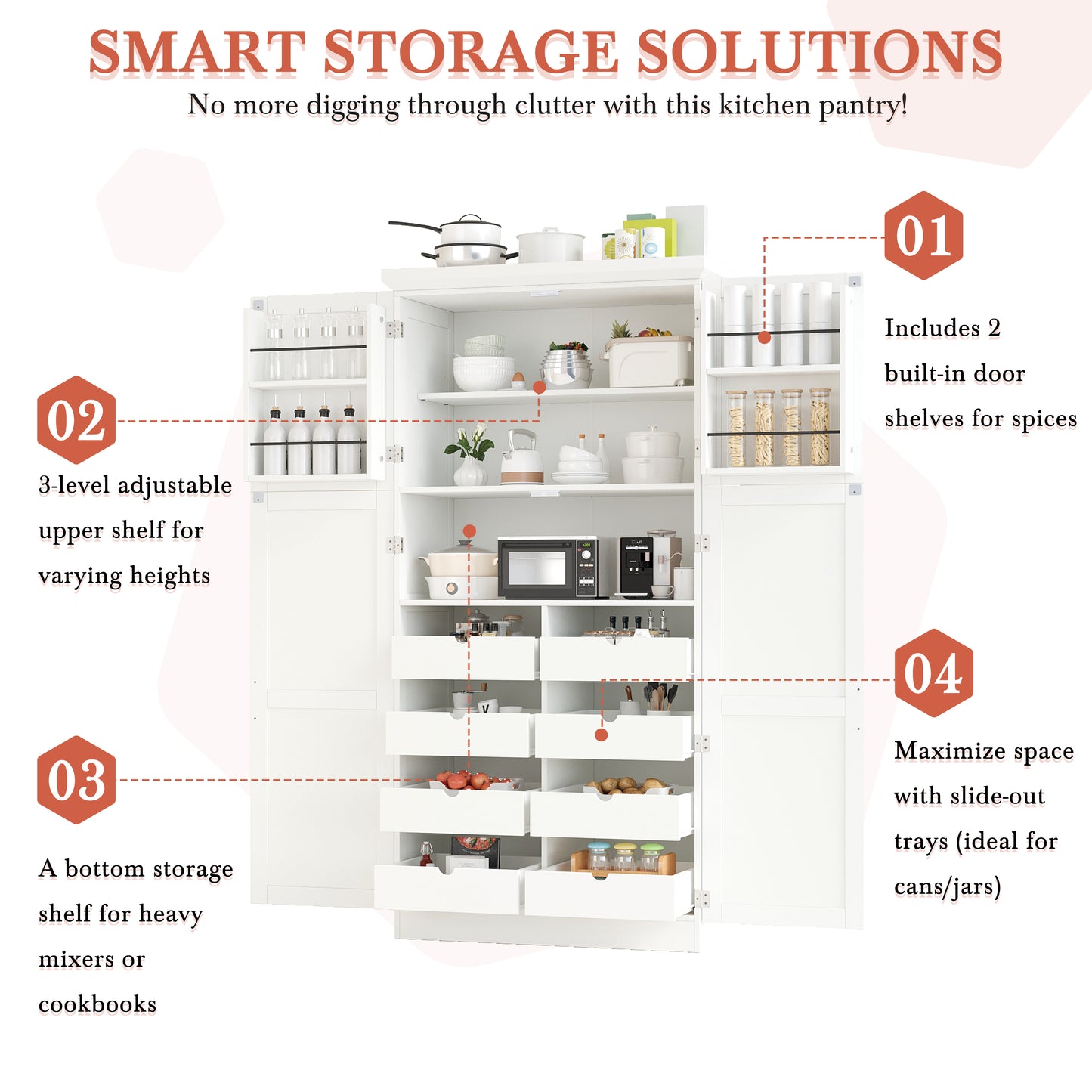 TOPMAx 35.5x17.6x70.9inch Freestanding Kitchen Pantry Cabinet  Tall Storage Cabinet With 4 Doors  2 Door Shelves  8 Pull- Out Trays And Adjustable Shelf For Dining Room  White
