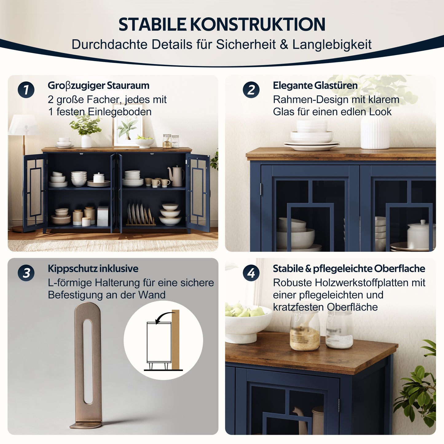 160cm Wide Kitchen Sideboard With Glass Doors, A Spacious Storage Compartment, A Wood-look Worktop And An Anti-tilt Device.This Modern Sideboard Is Suitable For Kitchens, Dining Rooms And Living Rooms