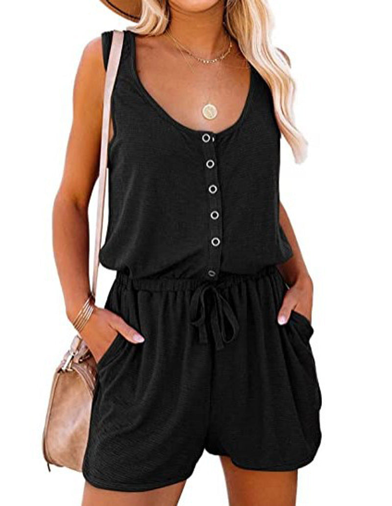 Women's Casual Sleeveless Button Down Romper With Drawstring Waist & Pockets, Loose Fit Jumpsuit Shorts For Loungewear & Outdoor