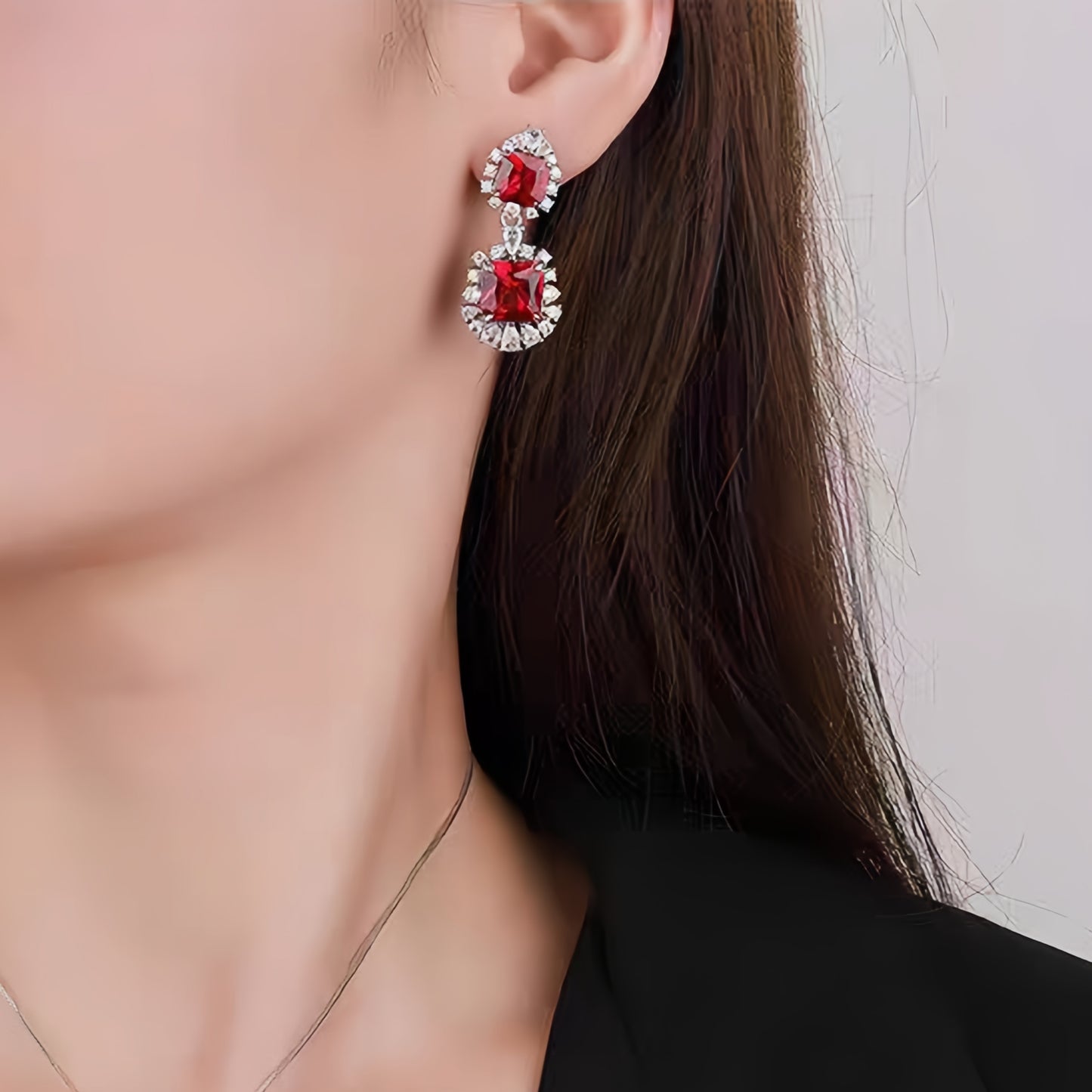 Two-Tier Princess Cut Red CZ Double Halo Dangle Drop Earrings For Women, Copper Silver Plated White Crystal Vintage Wedding Banquet Statement Jewelry Gift