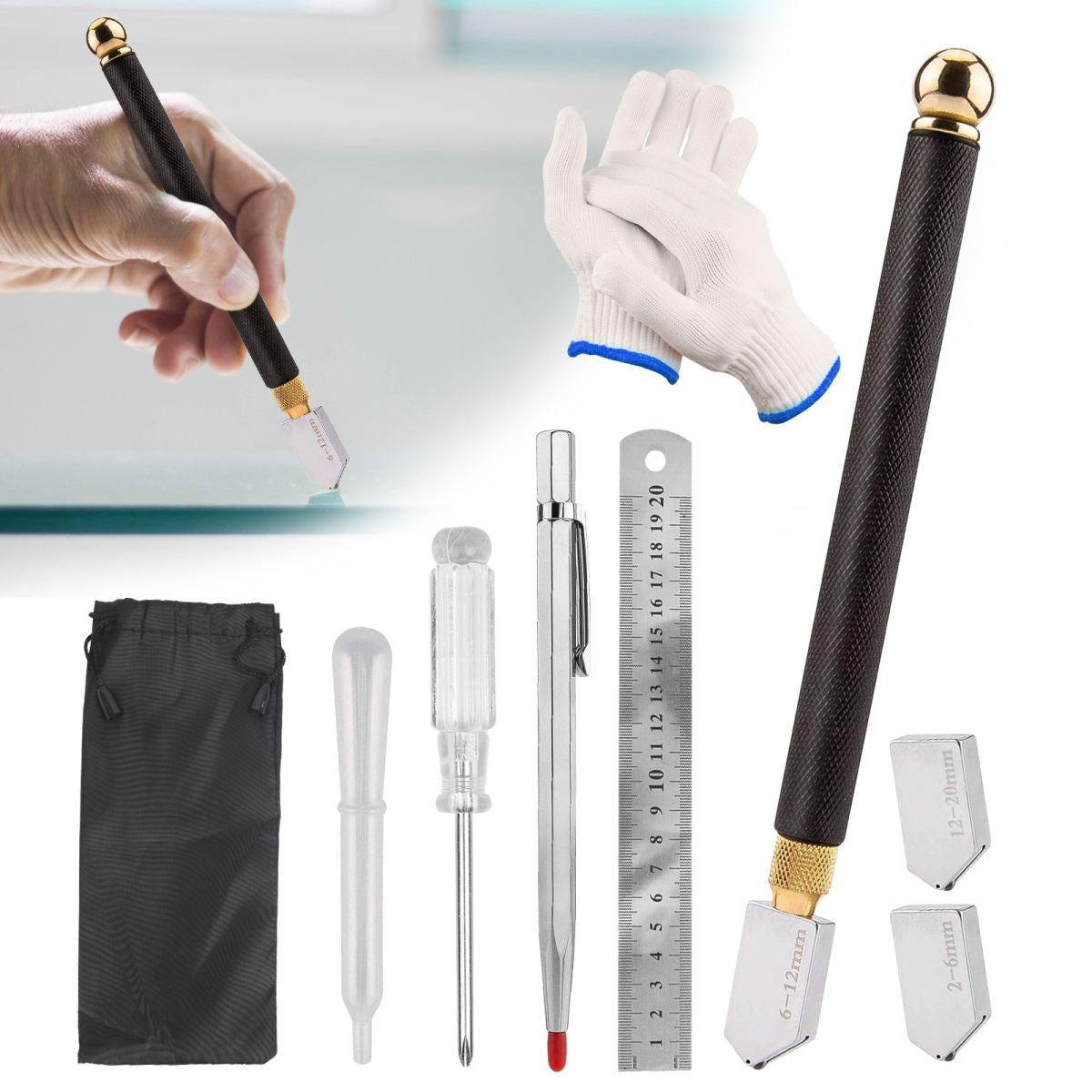 6-Piece Glass Cutter Set: Professional Diamond Cutter + 3 Replacement Blades (2–20 Mm) + Accessories, For Glass/Tiles/Mirrors – Ideal For Home & Crafts