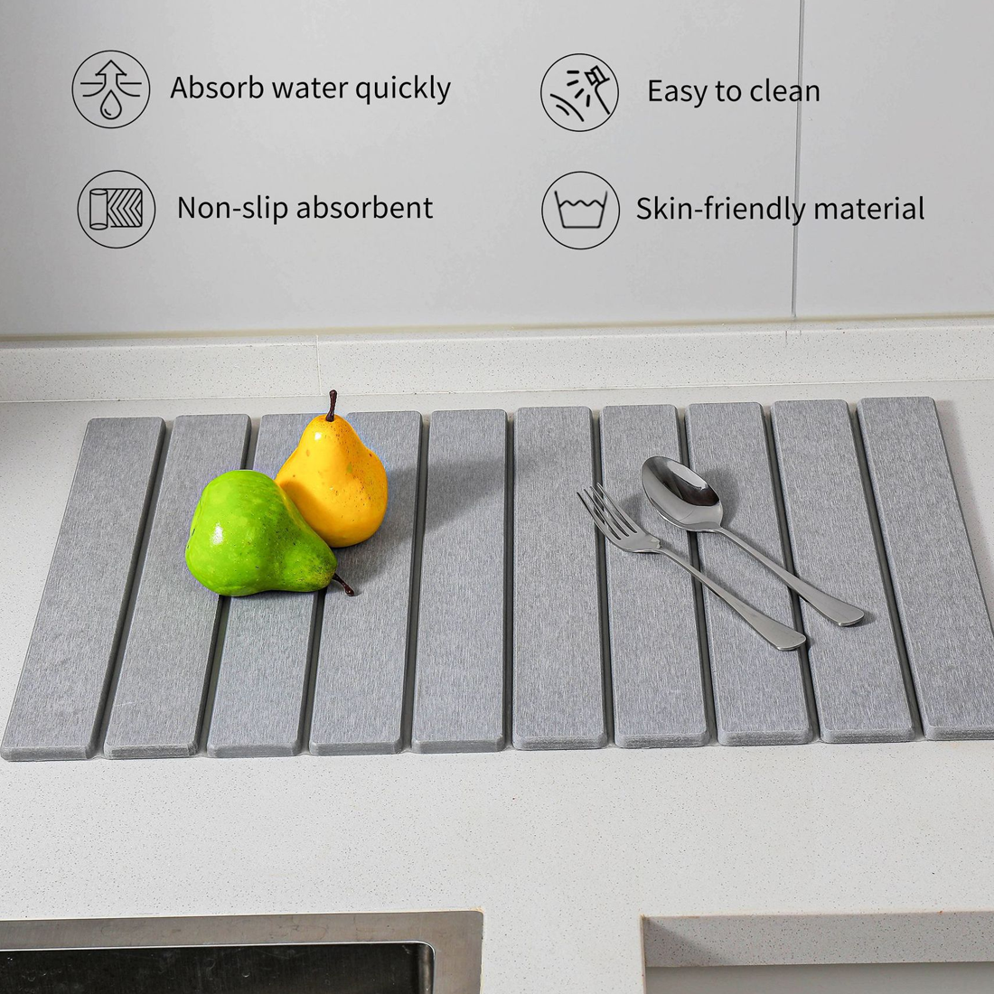 Foldable Diatomite Drying Mat Absorbent Draining Quick Dry Nonslip Pad Kitchen--Dark Gray