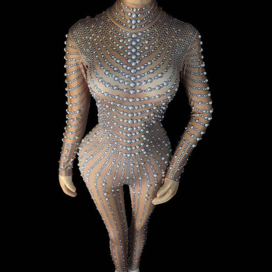 Singer Dance Yoga Rings Skin Tone Pearl Stretch One-piece Women's