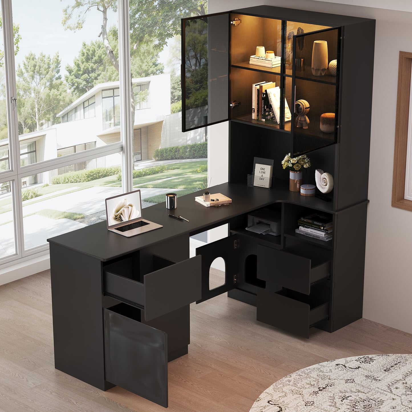 Corner Desk With Shelf And LED Display Cabinet 120x80x180 Cm- Desk With Cable Outlet, 3 Drawers, 2 Doors, Open Compartments ,A Corner Desk With Built-in Bookcase